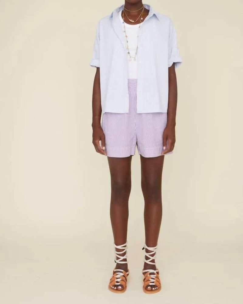 Front of a model wearing a size L Caysen Shorts In Plum Stripe in Plum Stripe by XIRENA. | dia_product_style_image_id:352163
